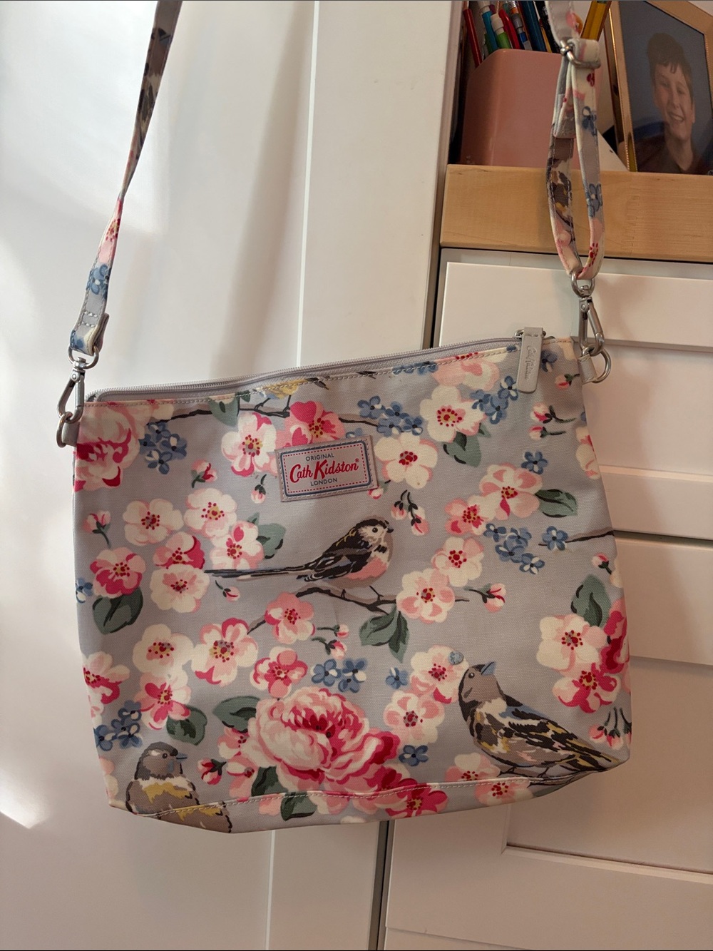 Beautiful light blue, pinks, and bird print Cath Kidston bag